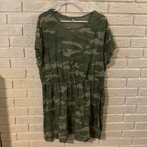 Waist-Defined Camouflage Slub-Knit T-Shirt Dress